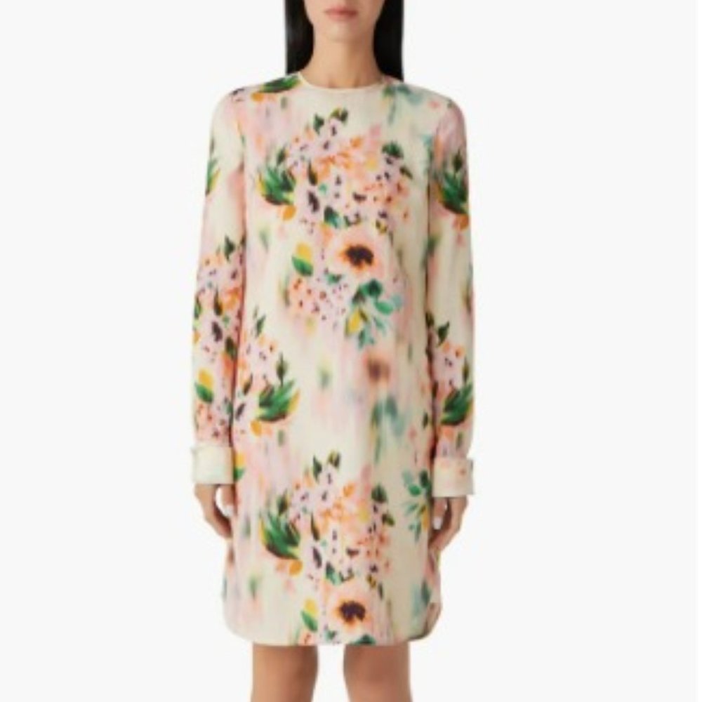 Blurred Floral Print Silk Blend Shift Dress